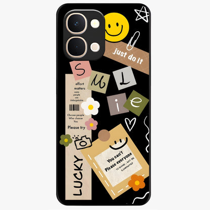 Lucky Aesthetic Collage Glass Case showing flat back view with trendy aesthetic collage artwork and glossy glass finish.