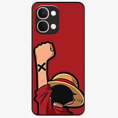 Luffy X Spirit Glass Case showing flat back view with bold anime character artwork and glossy glass finish.