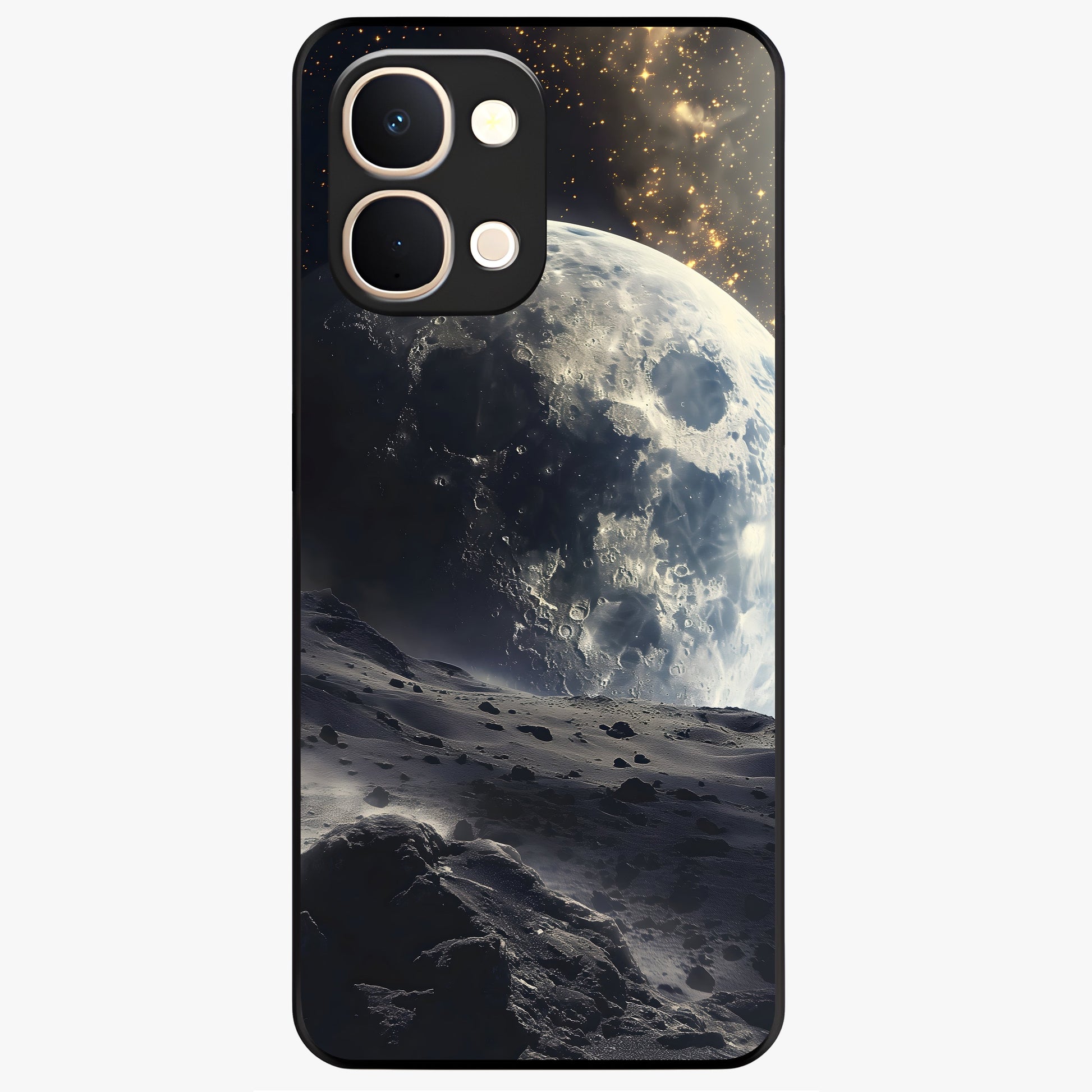Lunar Horizon Glow Glass Case showing flat back view with glowing moon horizon artwork and glossy glass finish.