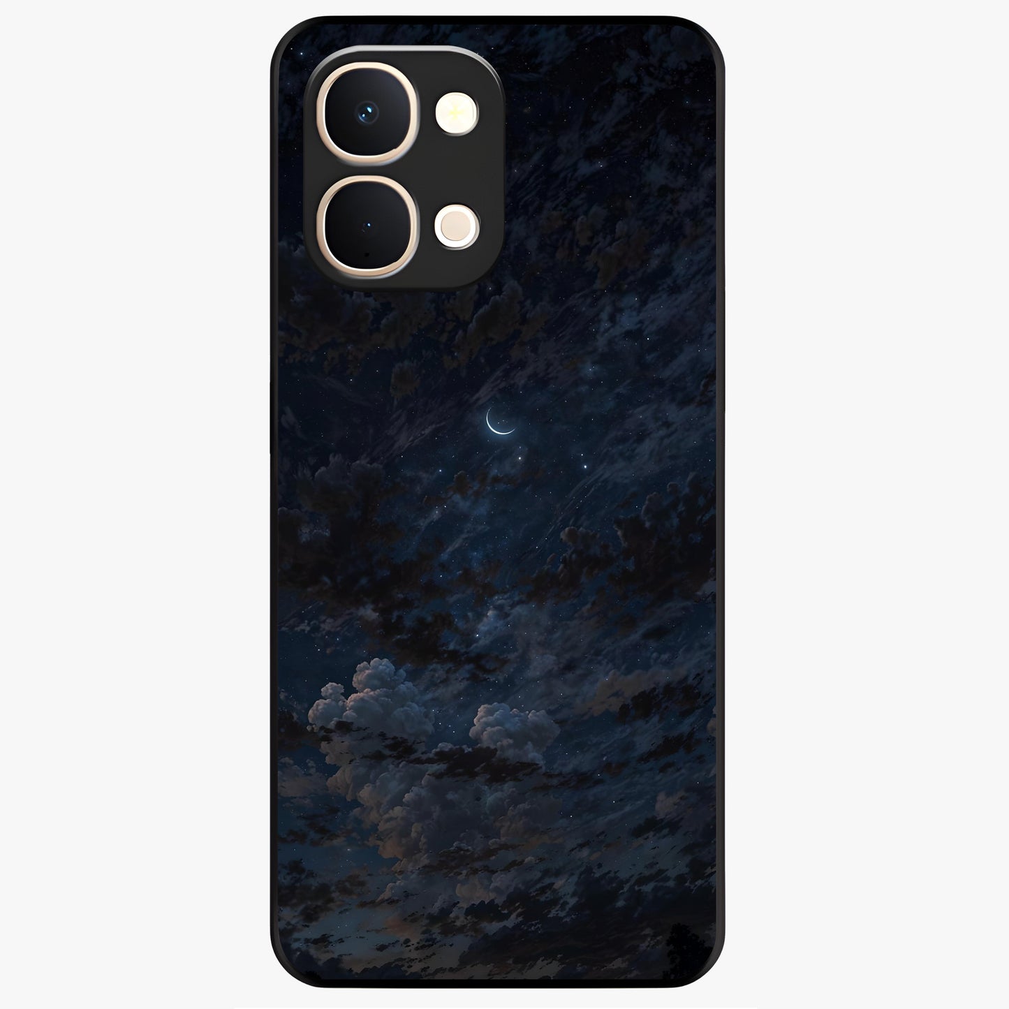 Lunar Veil Silence Glass Case showing flat back view with mystical moon veil artwork and glossy glass finish.