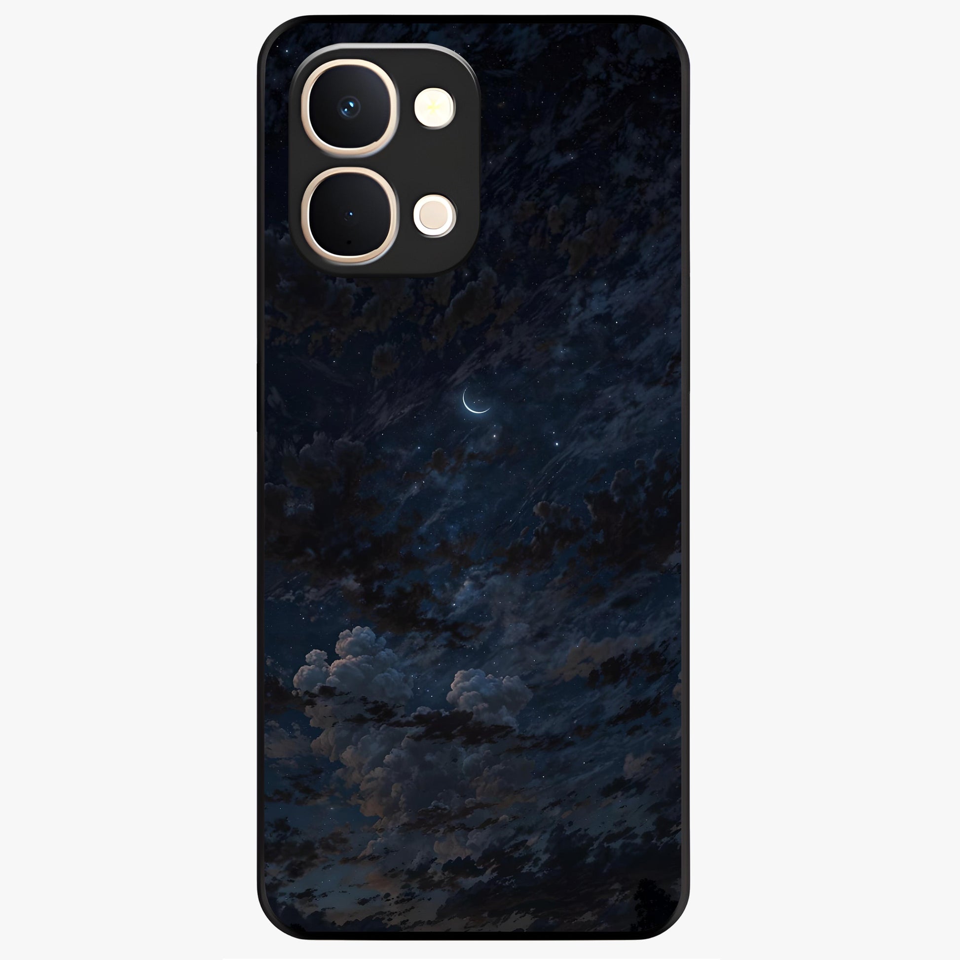 Lunar Veil Silence Glass Case showing flat back view with mystical moon veil artwork and glossy glass finish.