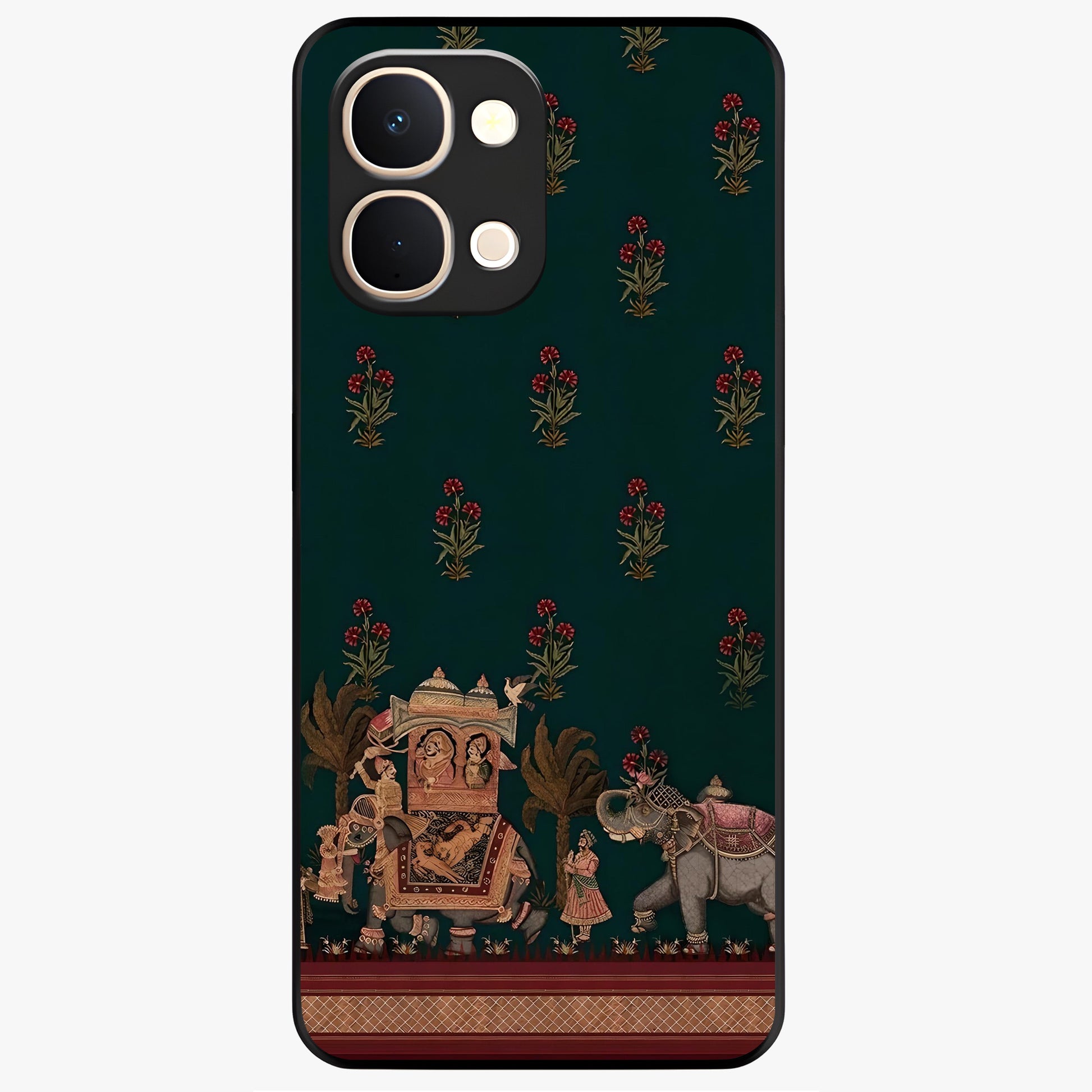 Macmerise Glass Case showing flat back view with stylish modern artwork and glossy glass finish.