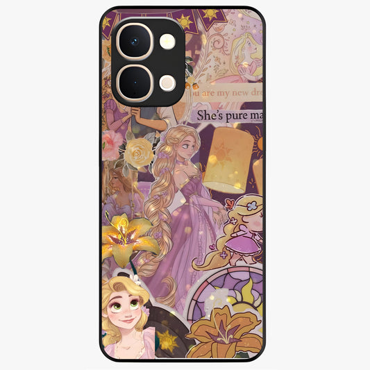 Magical Tangled Dream Glass Case showing flat back view with dreamy tangled artwork and glossy glass finish.