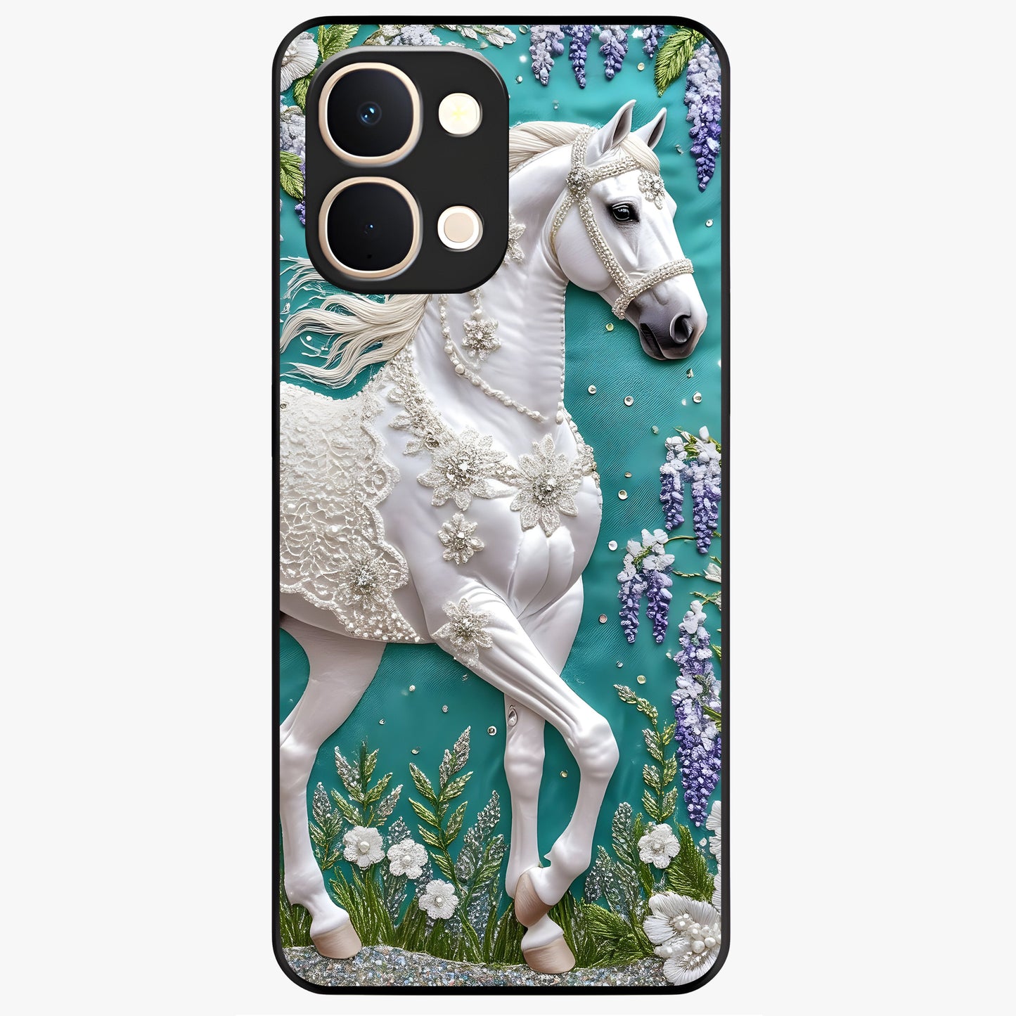 Majestic Floral Stallion Glass Case showing flat back view with powerful horse and floral artwork and glossy glass finish.