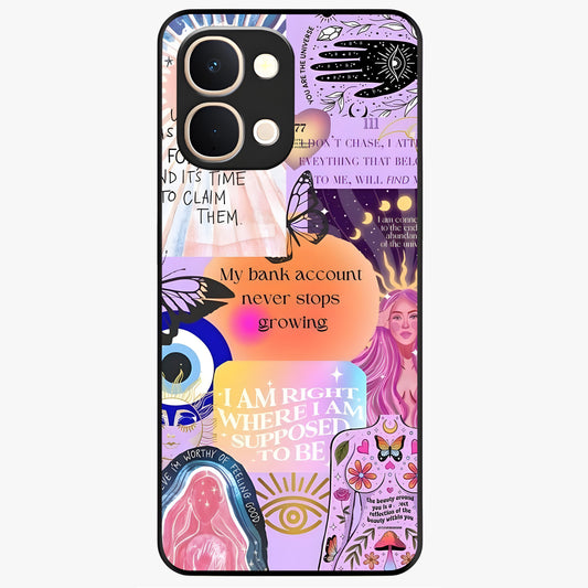 Manifestation Collage Glass Case showing flat back view with motivational collage artwork and glossy glass finish.