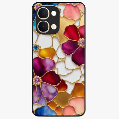 Marble Flower Pattern Glass Case showing flat back view with marble texture floral artwork and glossy glass finish.