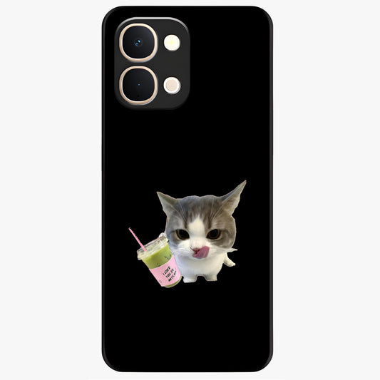 Matcha Cat Style Glass Case showing flat back view with cute matcha themed cat artwork and glossy glass finish.