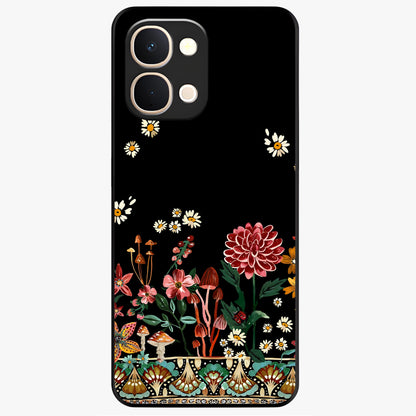 Midnight Bloom Pattern Glass Case showing flat back view with dark floral pattern artwork and glossy glass finish.