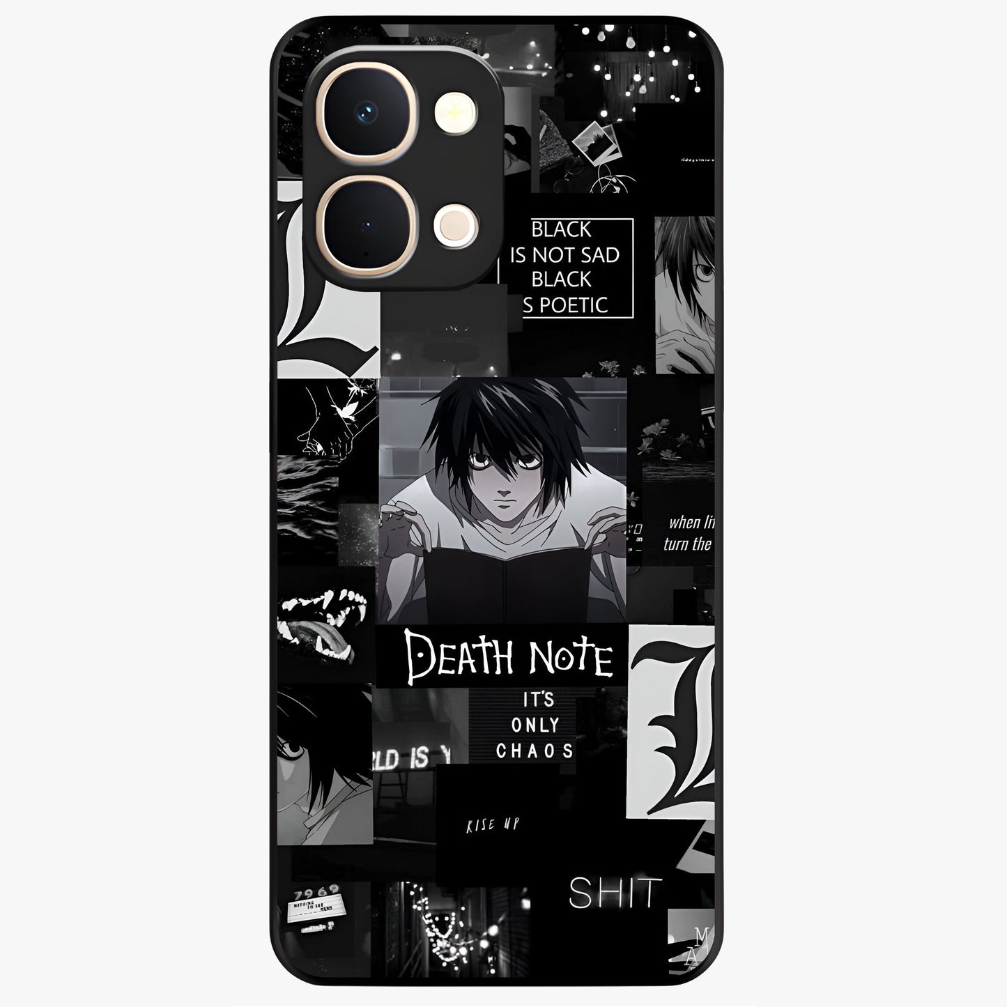 Midnight Chaos Mind Glass Case showing flat back view with abstract dark themed artwork and glossy glass finish.