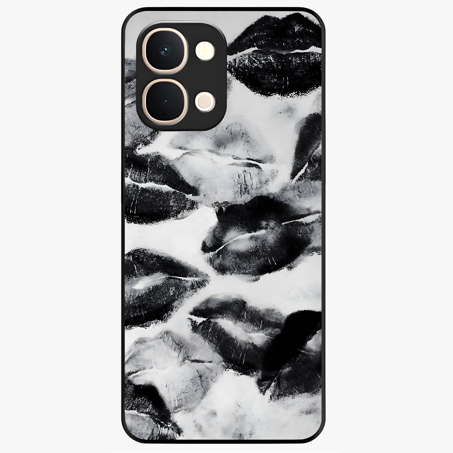Midnight Kiss Marks Glass Case showing flat back view with lipstick kiss mark artwork and glossy glass finish.