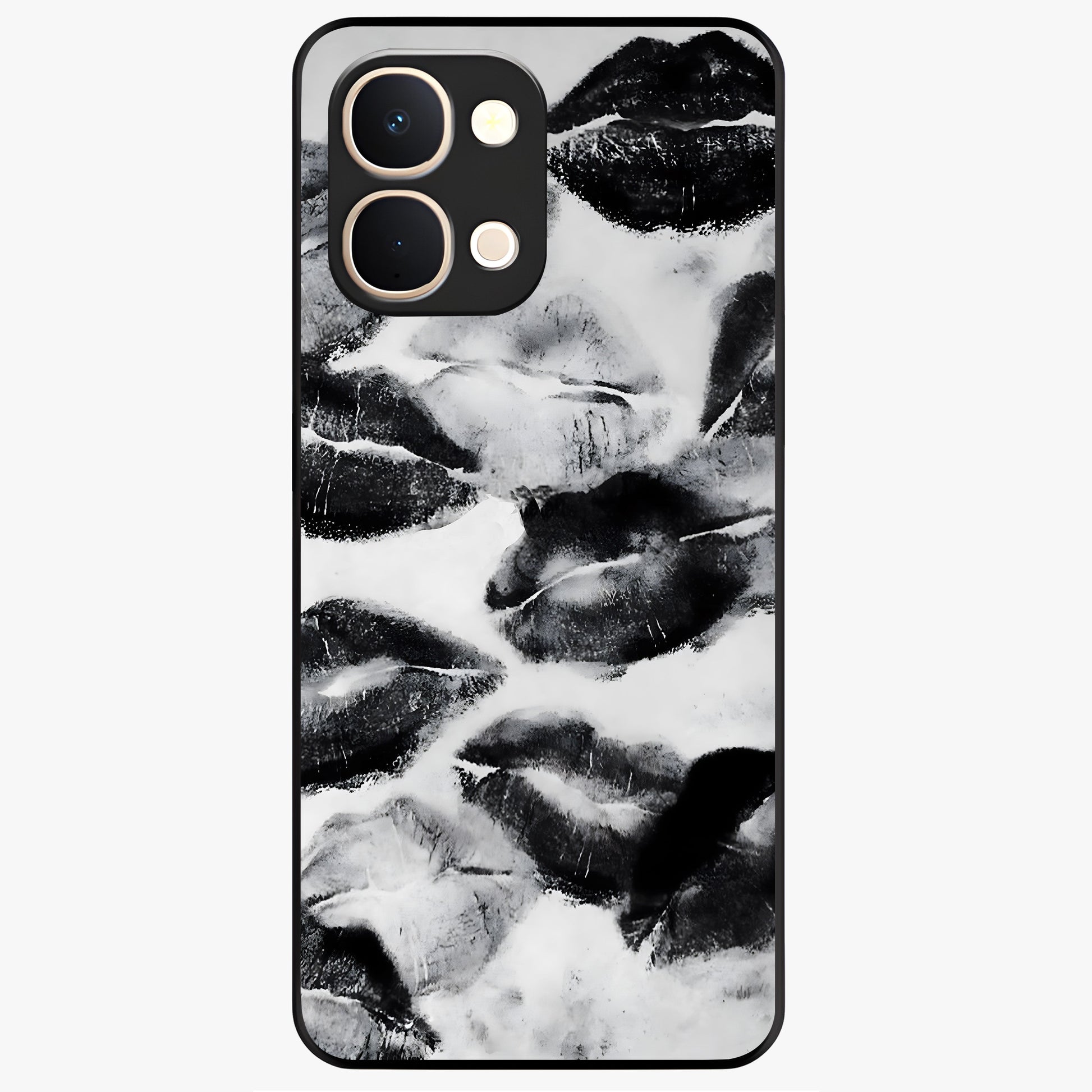 Midnight Kiss Marks Glass Case showing flat back view with lipstick kiss mark artwork and glossy glass finish.