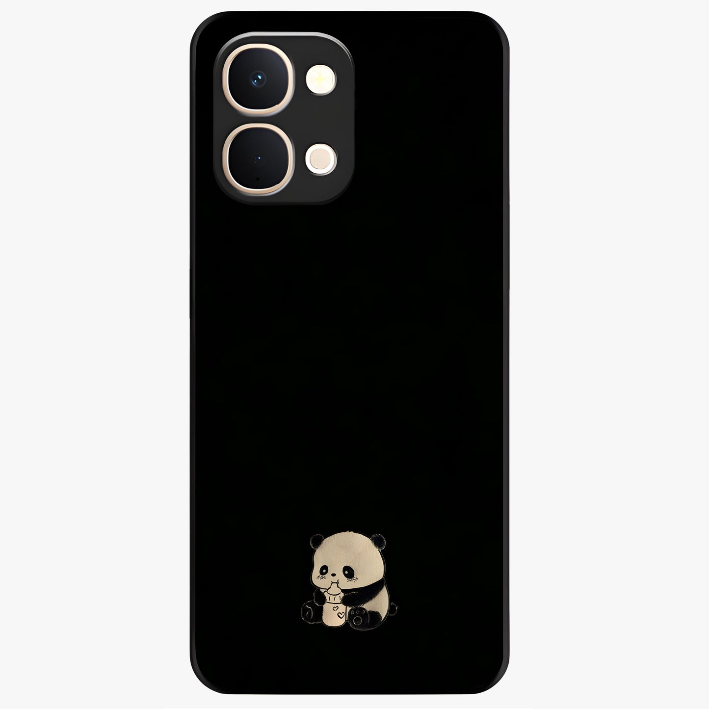 Midnight Panda Love Glass Case showing flat back view with cute panda themed artwork and glossy glass finish.