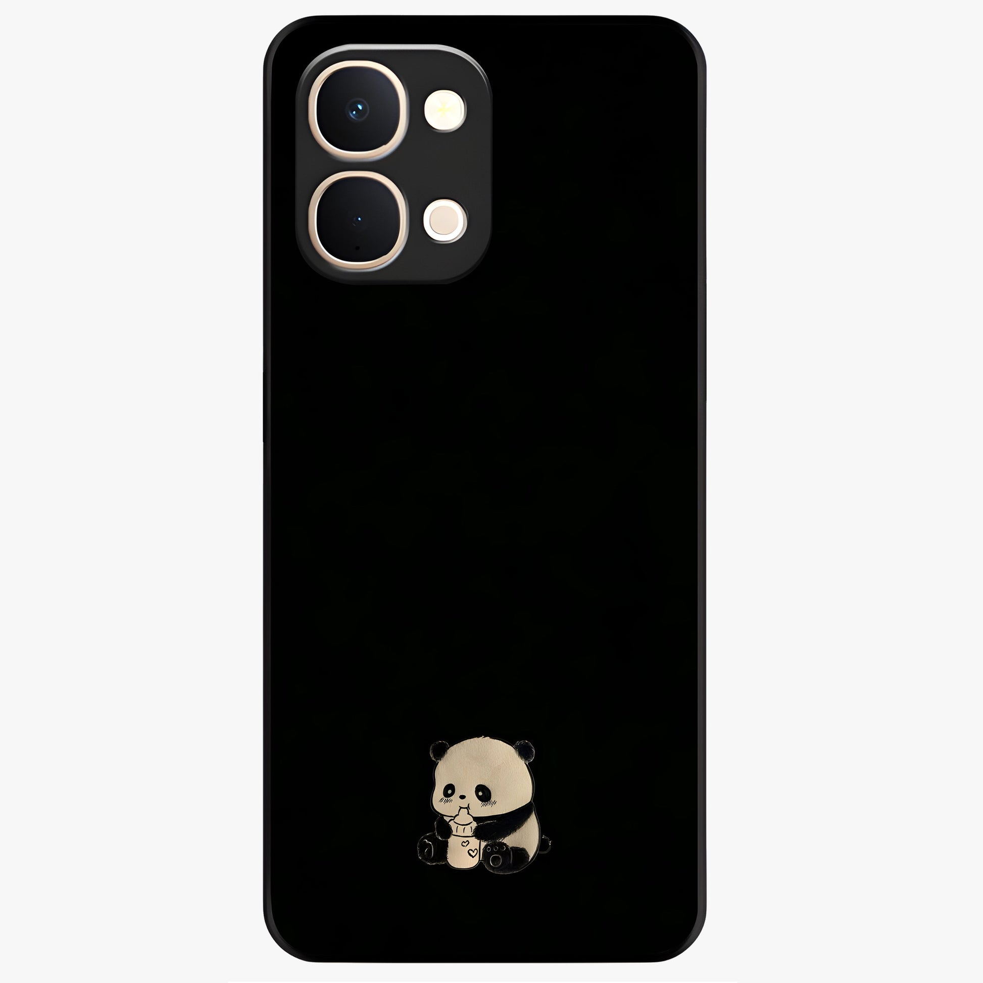 Midnight Panda Love Glass Case showing flat back view with cute panda themed artwork and glossy glass finish.