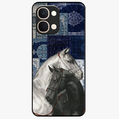 Midnight Stallion Blues Glass Case showing flat back view with majestic horse artwork and glossy glass finish.