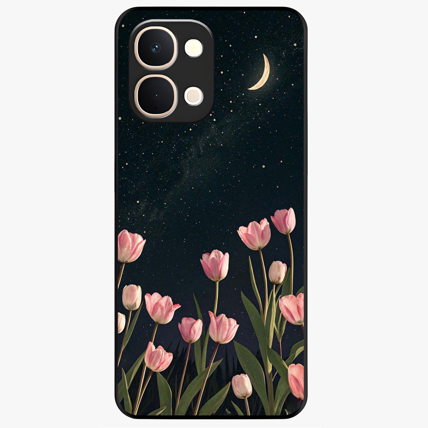 Midnight Tulip Whispers Vibe Glass Case showing flat back view with elegant tulip flower artwork and glossy glass finish.