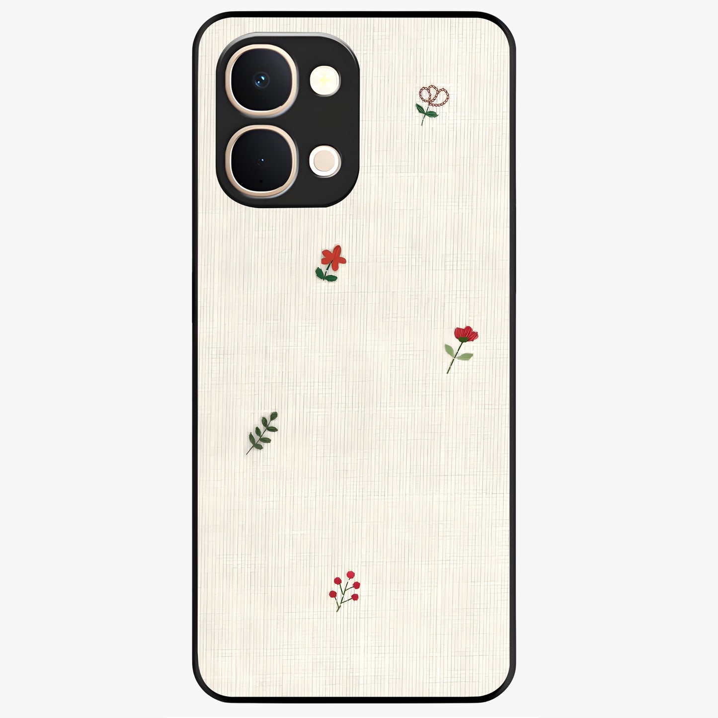 Minimal Petal Whispers Glass Case showing flat back view with soft minimal floral artwork and glossy glass finish.