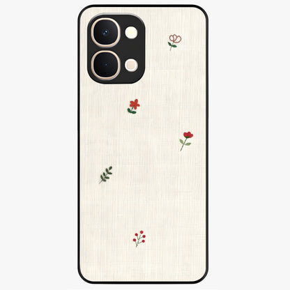 Minimal Petal Whispers Glass Case showing flat back view with soft minimal floral artwork and glossy glass finish.