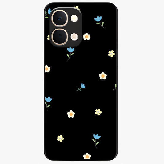 Minimalistic Blue With White Flower Pattern Glass Case showing flat back view with blue background and white flower pattern and glossy glass finish.