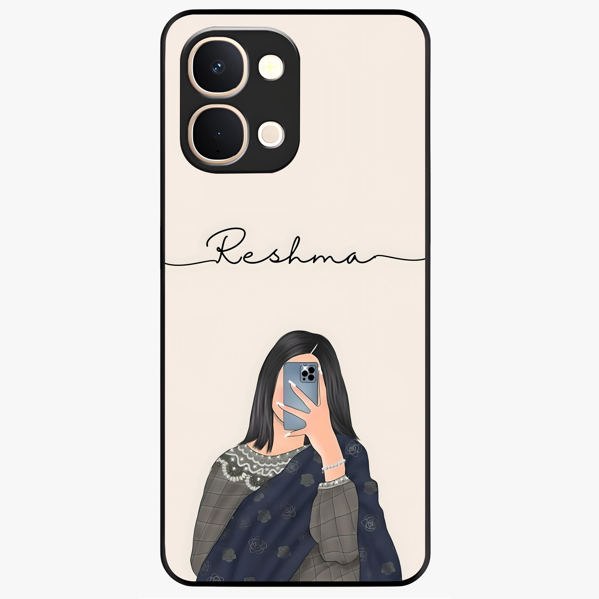 Mirror Mood Muse With Custom Name Glass Case showing flat back view with stylish mirrored artwork and personalized name design.