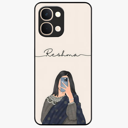 Mirror Mood Muse With Custom Name Glass Case showing flat back view with stylish mirrored artwork and personalized name design.