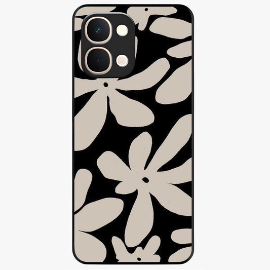 Monochrome Petal Dance Glass Case showing flat back view with monochrome floral artwork and glossy glass finish.