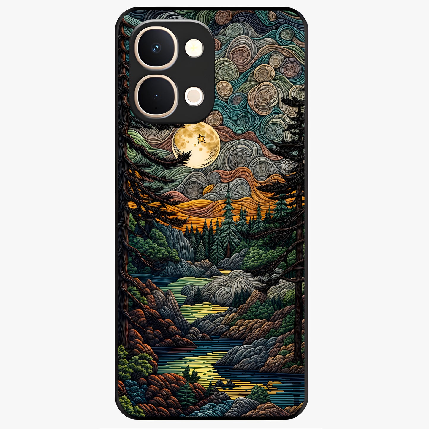 Moonlight Forest Dream Glass Case showing flat back view with mystical forest moonlight artwork and glossy glass finish.