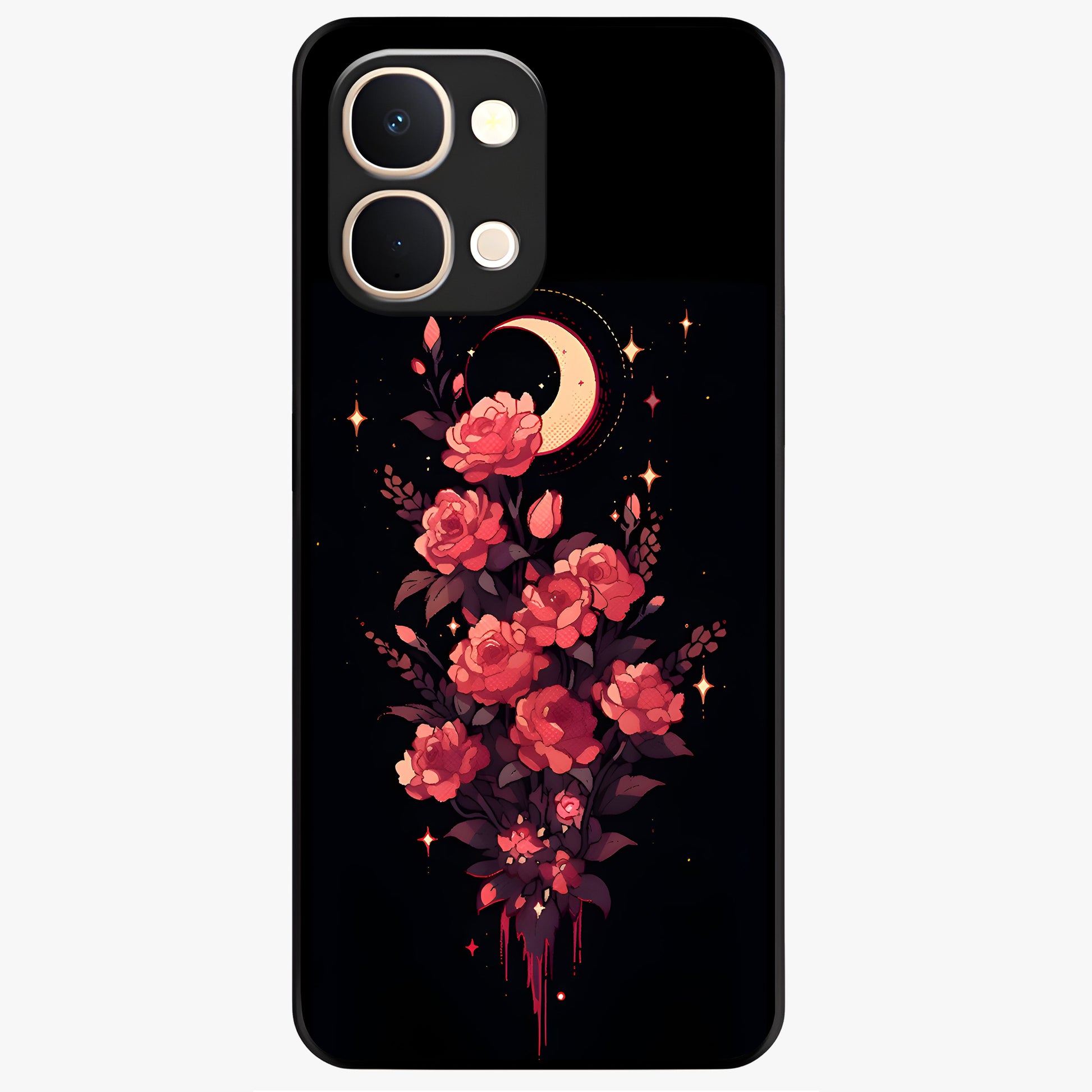 Moonlit Floral Elegance Glass Case showing flat back view with elegant floral artwork under moonlit tones and glossy glass finish.