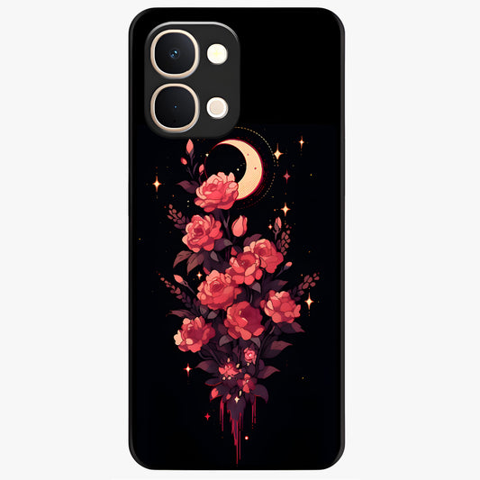 Moonlit Floral Elegance Glass Case showing flat back view with elegant floral artwork under moonlit tones and glossy glass finish.