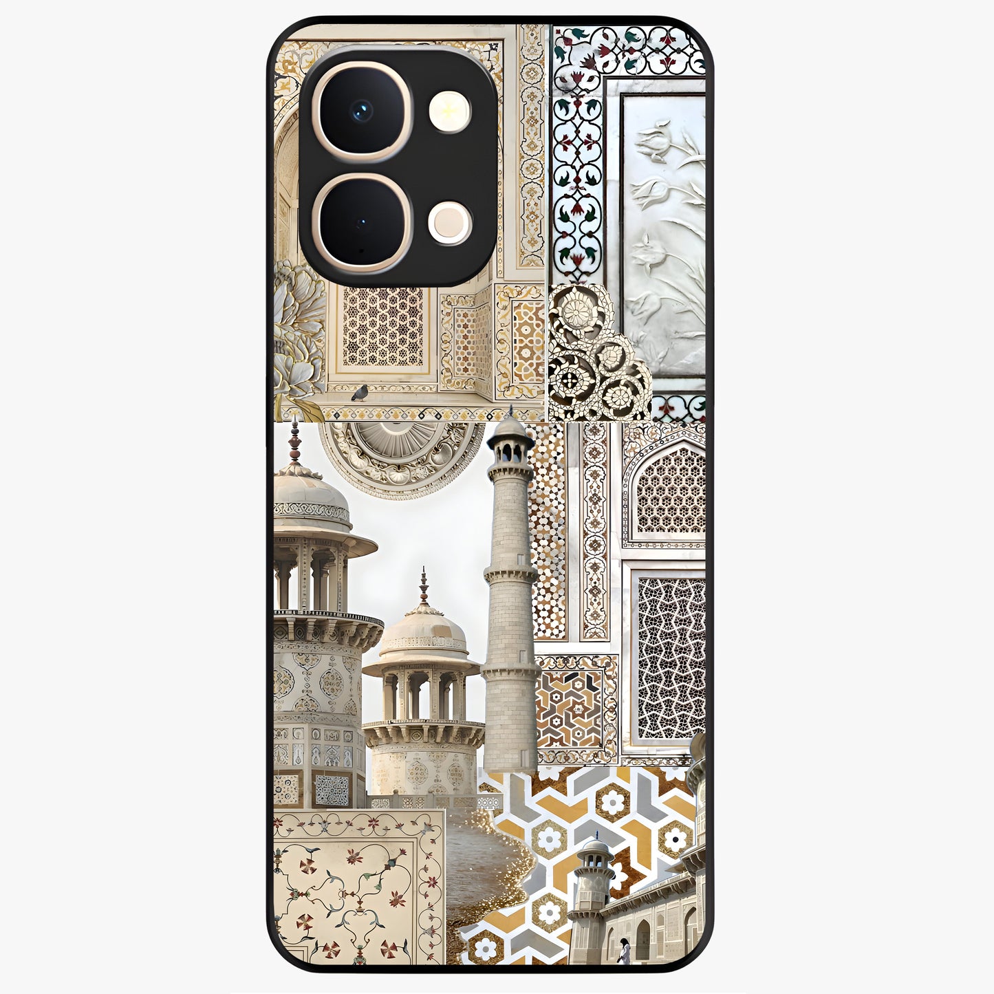 Mughal Marble Legacy Glass Case showing flat back view with intricate Mughal inspired marble pattern and glossy glass finish.