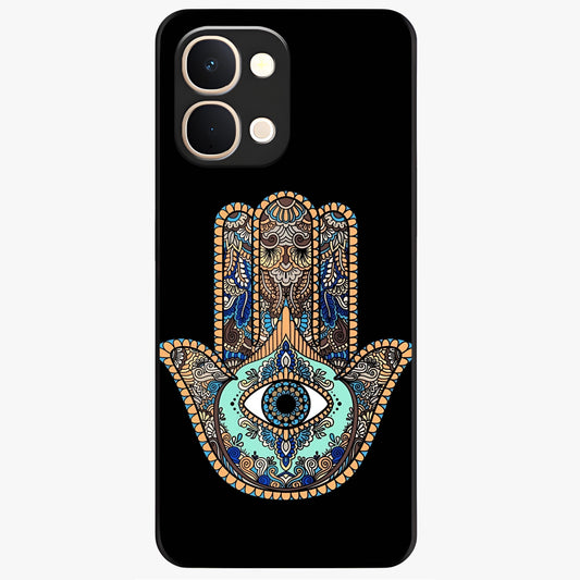 Mystic Hamsa Eye Glass Case showing flat back view with protective hamsa hand and evil eye artwork and glossy glass finish.