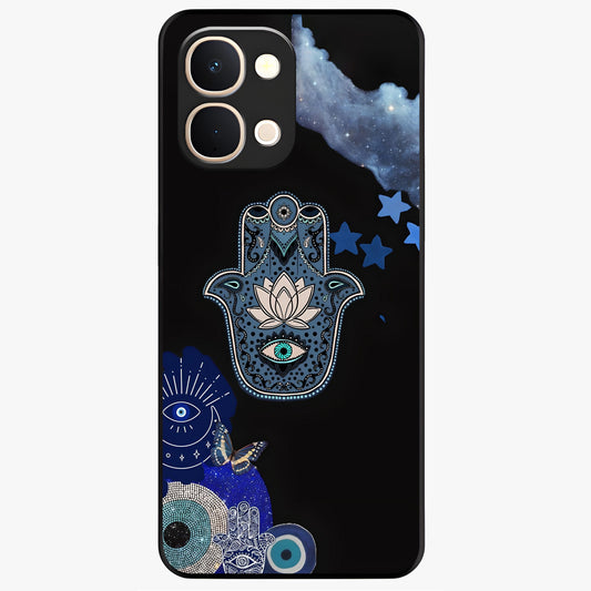 Mystic Hand Aura Glass Case showing flat back view with mystical hand symbol artwork and glossy glass finish.