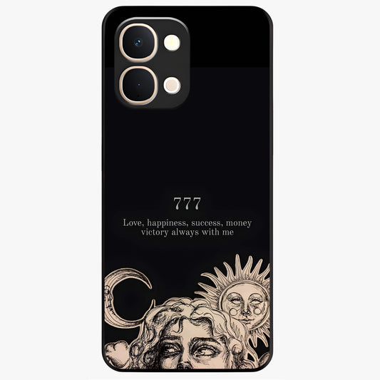 Mystic Victory Aura Glass Case showing flat back view with victory symbol artwork and glossy glass finish.