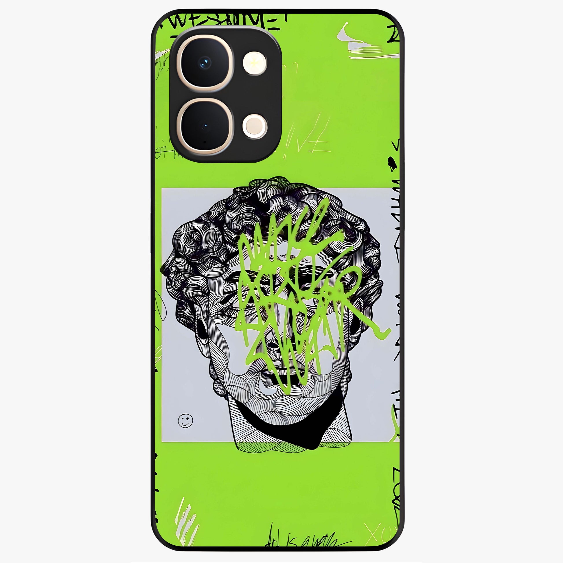 Neo Graffiti Rebellion Glass Case showing flat back view with vibrant graffiti artwork and glossy glass finish.
