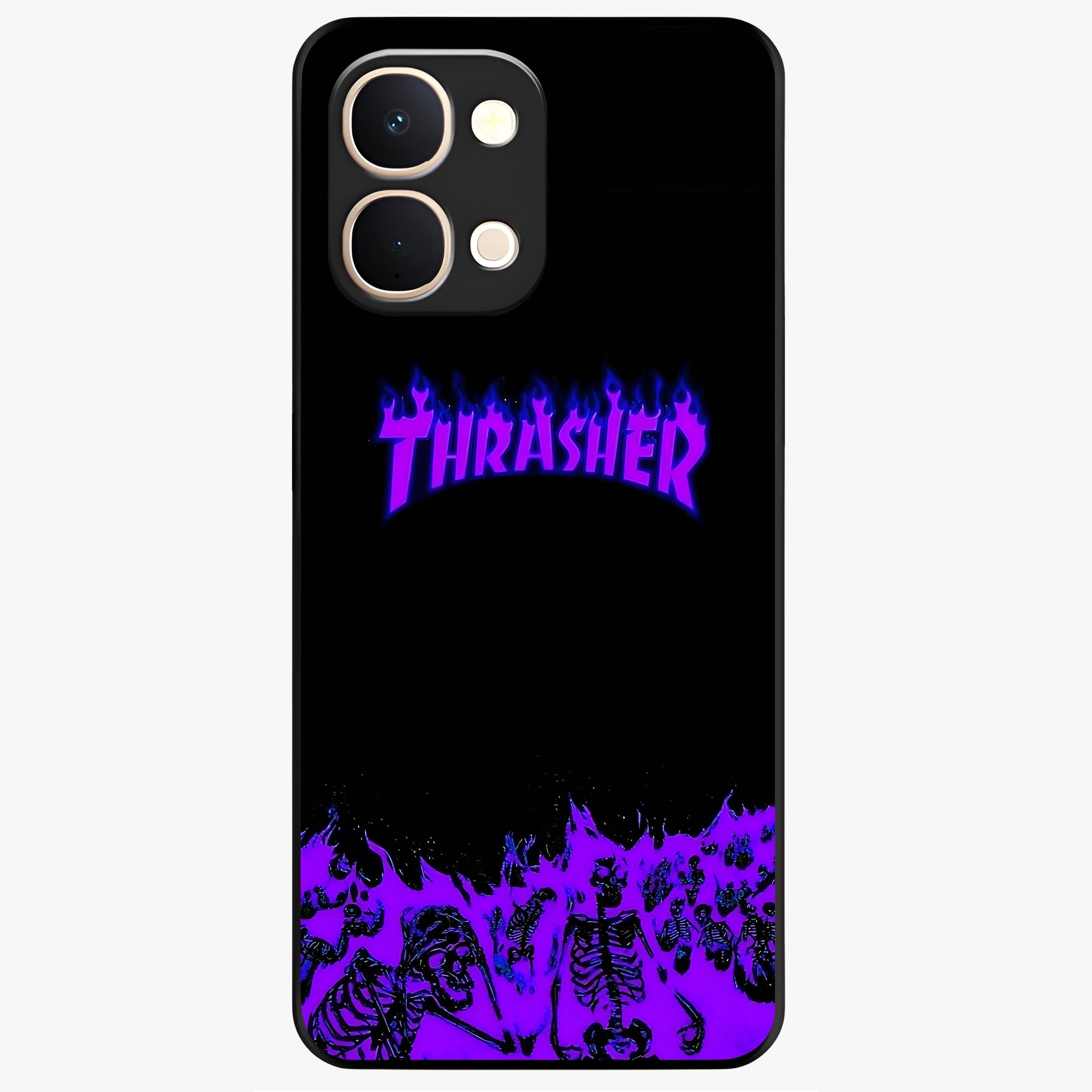 Neon Flame Riot Glass Case showing flat back view with neon flame artwork and glossy glass finish.