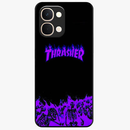 Neon Flame Riot Glass Case showing flat back view with neon flame artwork and glossy glass finish.