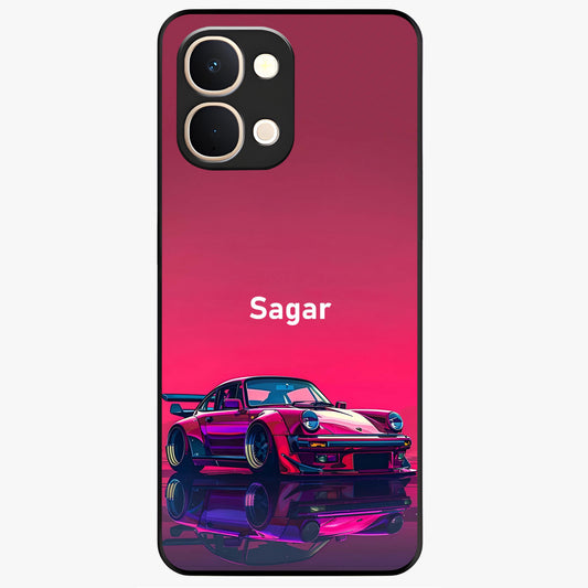 Neon Pink Porsche Glass Case showing flat back view with stylish sports car artwork and glossy glass finish.