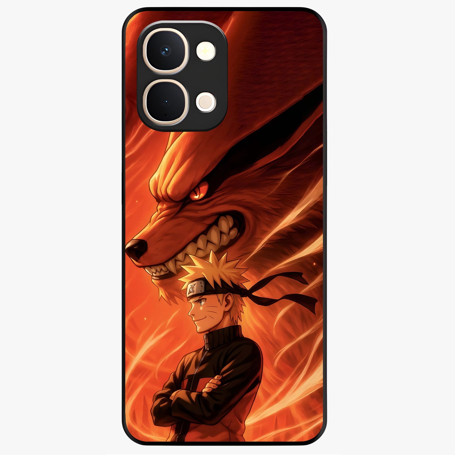 Nine Tails Legacy Glass Case showing flat back view with powerful nine-tailed fox inspired artwork and glossy glass finish.