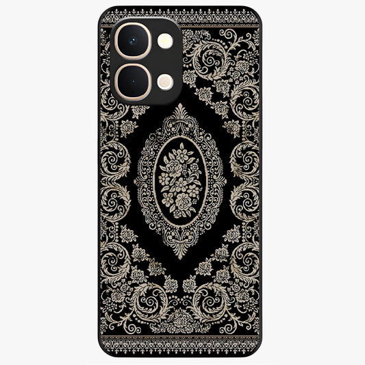 Noir Bloom Elegance Glass Case showing flat back view with elegant dark floral artwork and glossy glass finish.