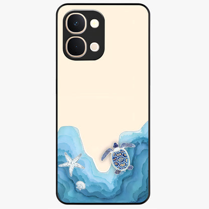 Ocean Drift Turtle Glass Case showing flat back view with sea turtle artwork and glossy glass finish.