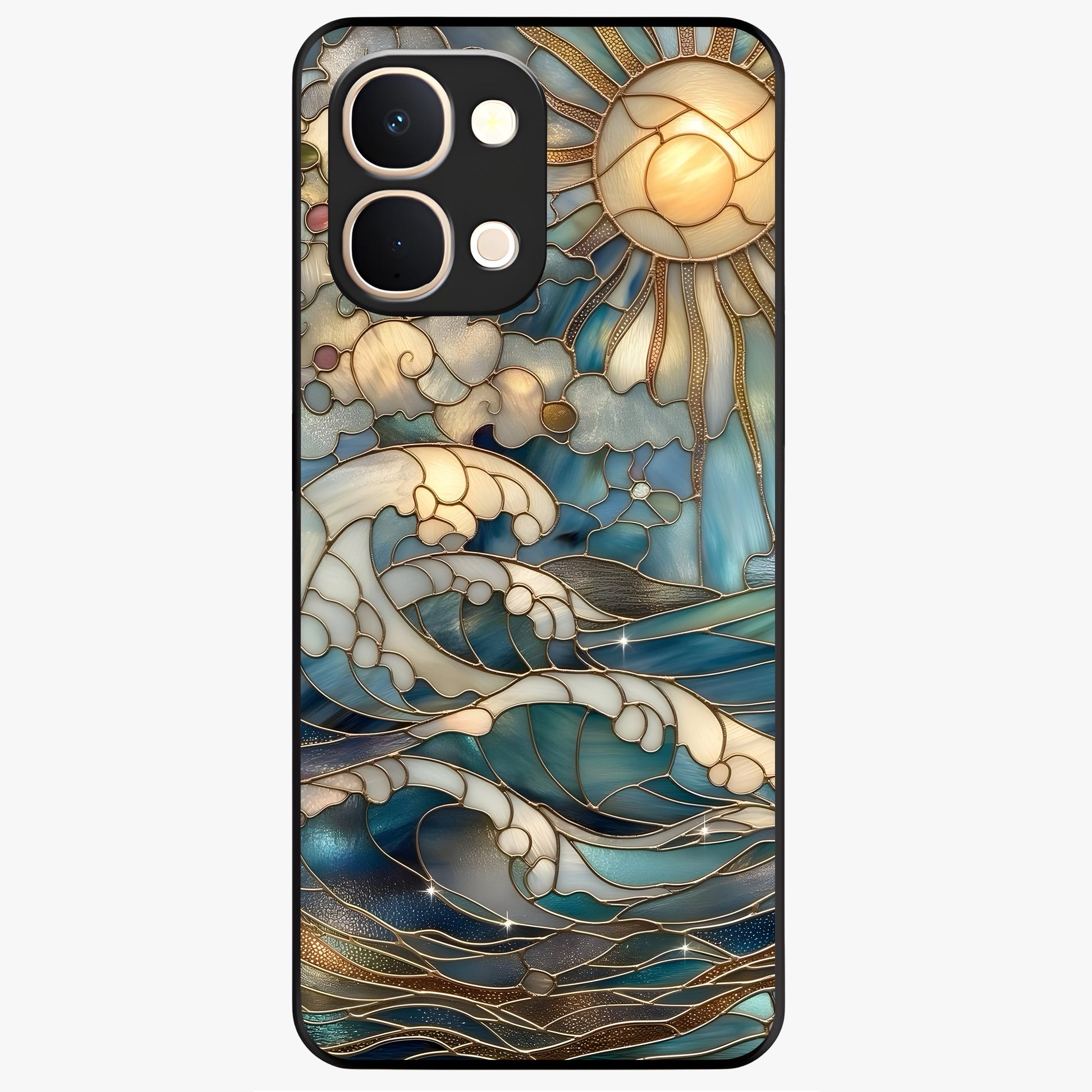 Oceanic Stained Printed Glass Case showing flat back view with ocean inspired stained pattern artwork and glossy glass finish.
