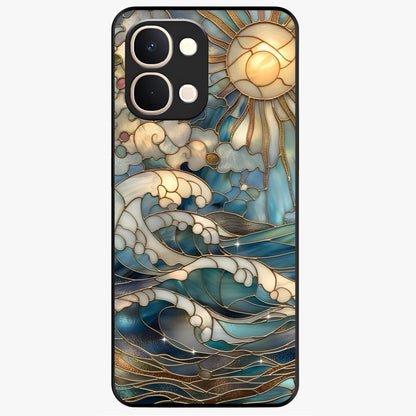 Oceanic Stained Printed Glass Case showing flat back view with ocean inspired stained pattern artwork and glossy glass finish.