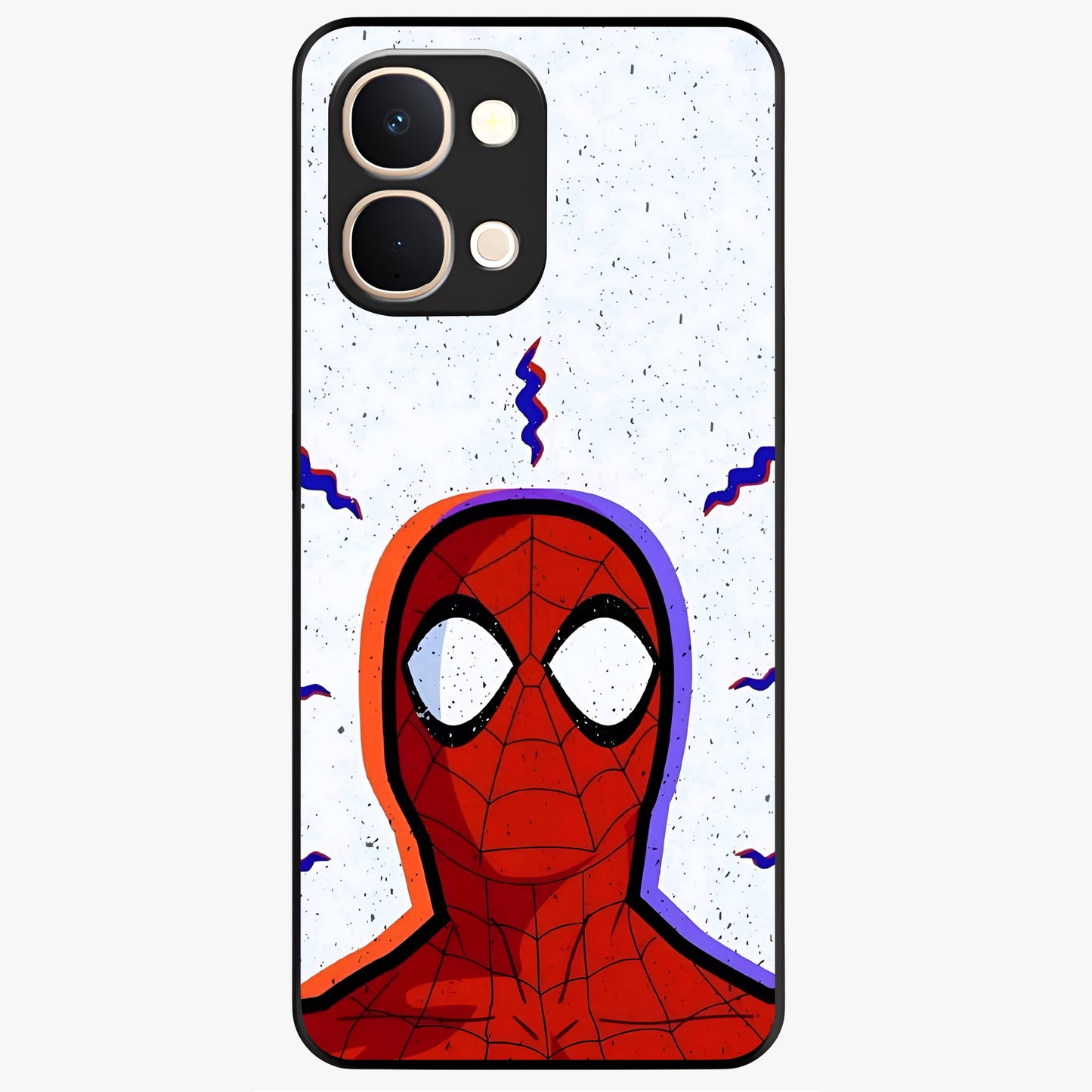 Omg Spiderman Glass Case showing flat back view with bold superhero inspired artwork and glossy glass finish.