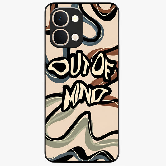 Out Of Mind Glass Case showing flat back view with expressive typography artwork and glossy glass finish.