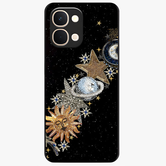 Pearls Universe Object Glass Case showing flat back view with pearl inspired cosmic artwork and glossy glass finish.