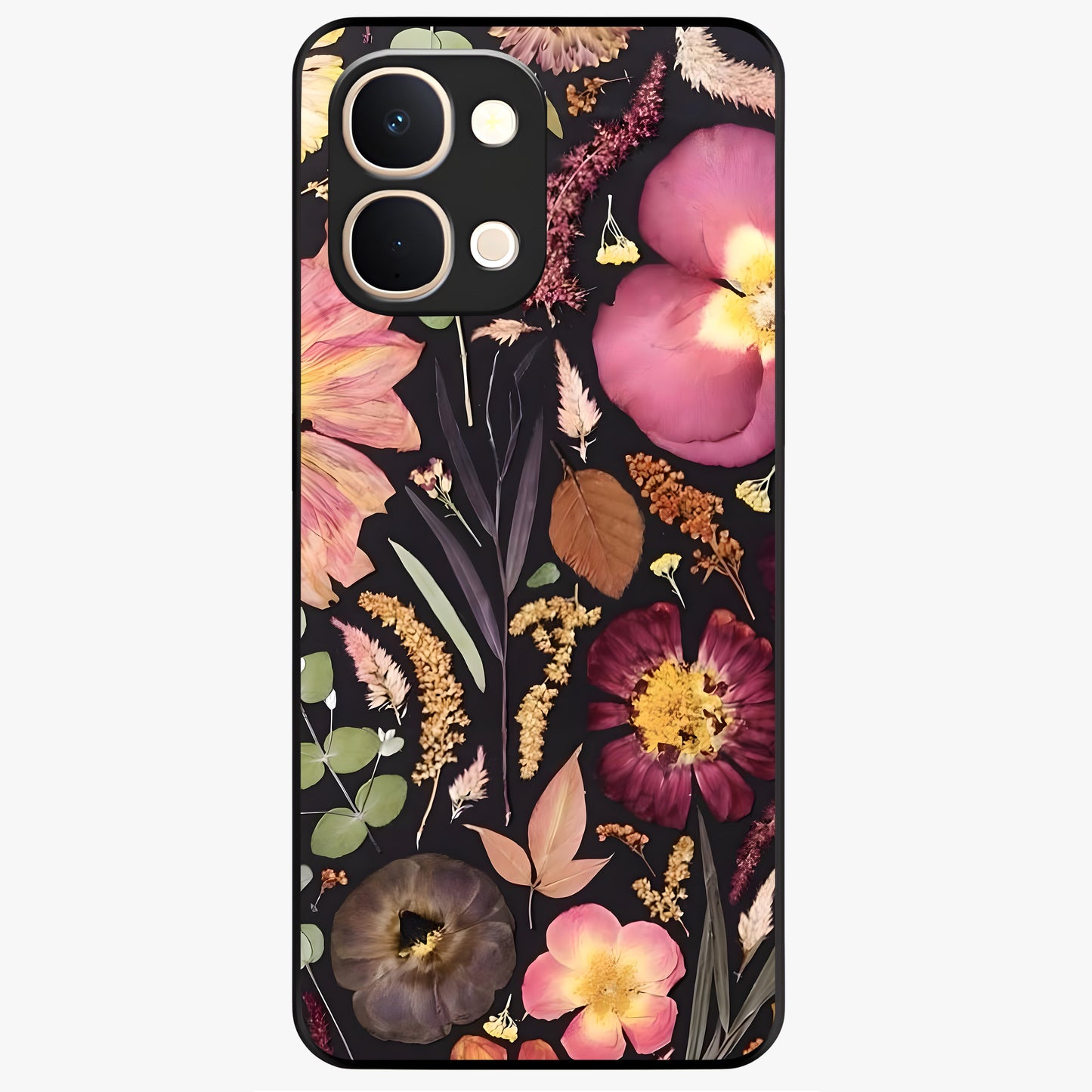 Petal Dream Tapestry Glass Case showing flat back view with intricate floral tapestry artwork and glossy glass finish.