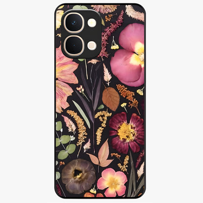 Petal Dream Tapestry Glass Case showing flat back view with intricate floral tapestry artwork and glossy glass finish.