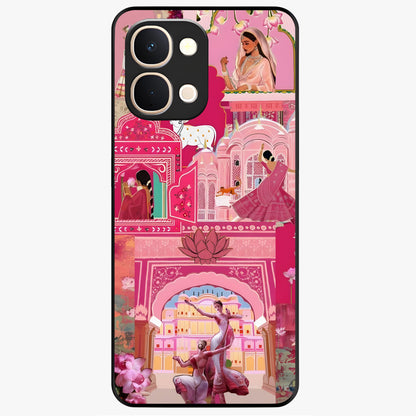 Pink Palace Muse Glass Case showing flat back view with elegant palace inspired artwork and glossy glass finish.