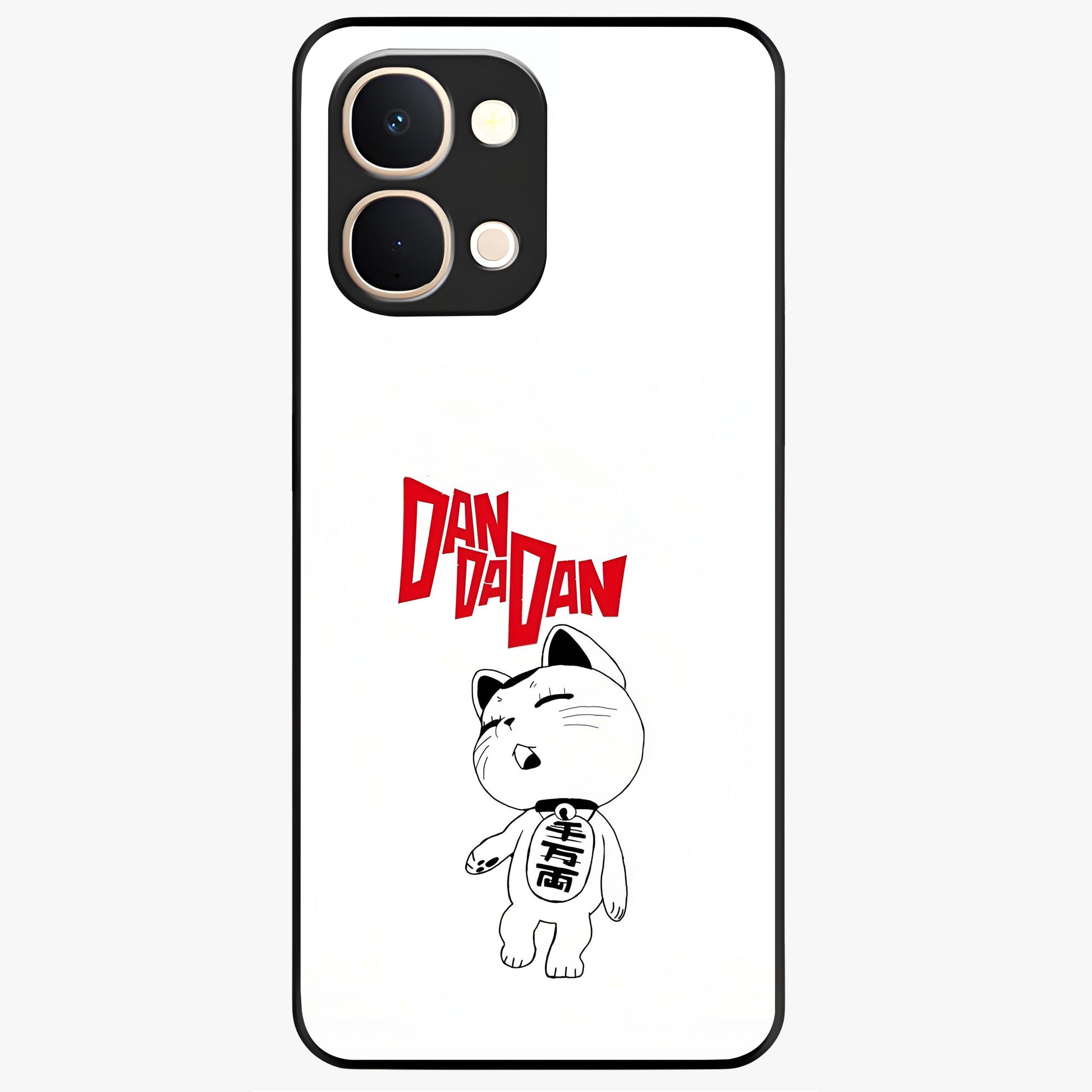Playful Spirit Charm Glass Case showing flat back view with cheerful charm themed artwork and glossy glass finish.