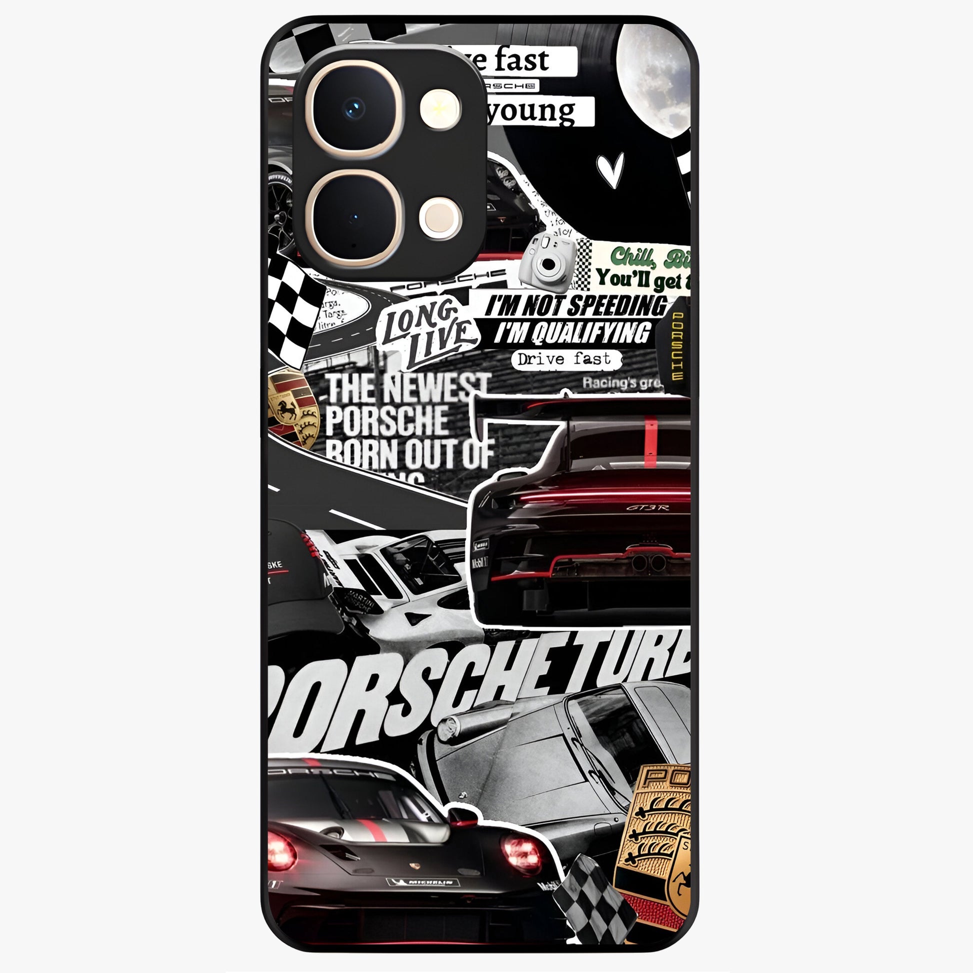 Porsche Racing Collage Glass Case showing flat back view with sports car racing collage artwork and glossy glass finish.