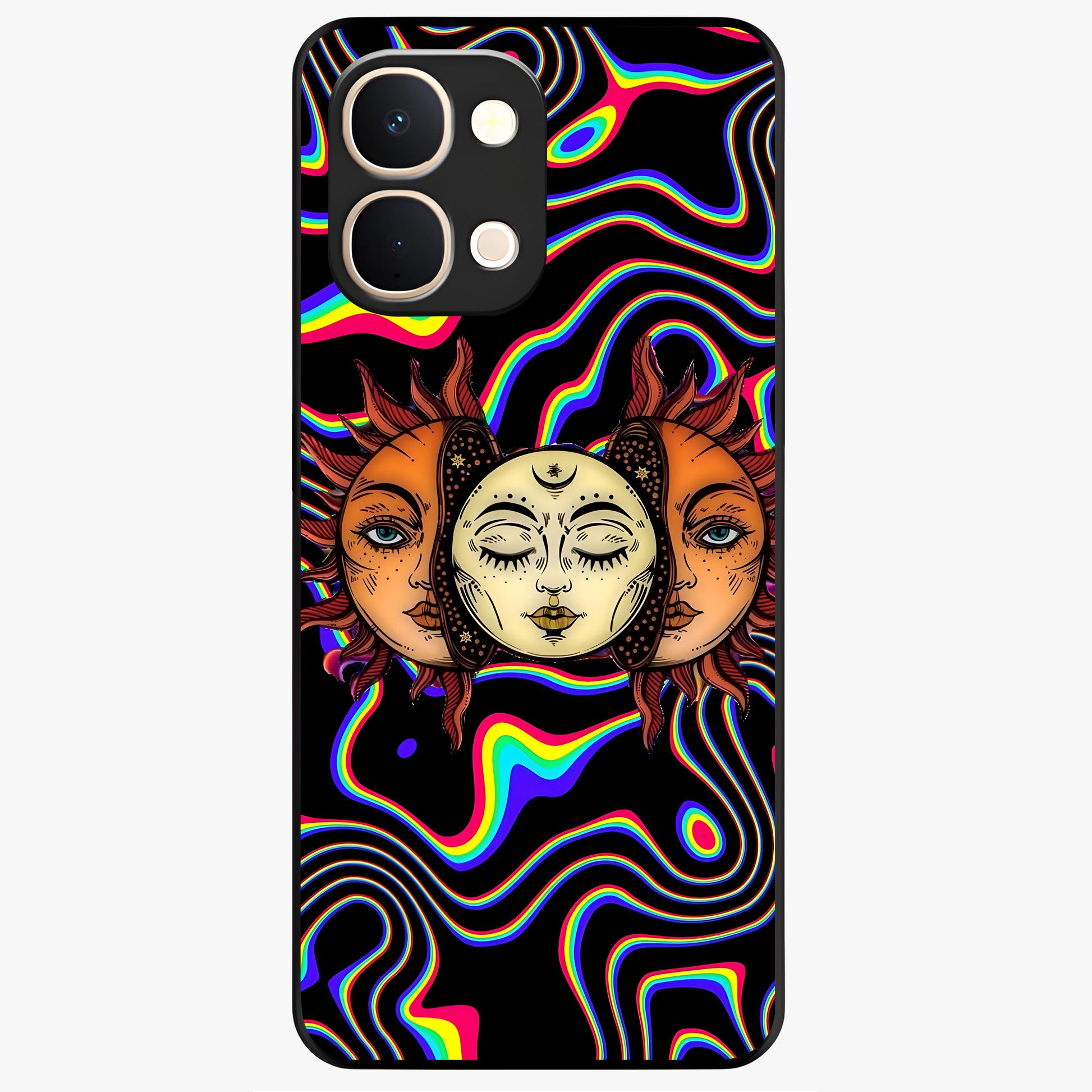 Psychedelic Sun Glass Case showing flat back view with colorful psychedelic sun artwork and glossy glass finish.